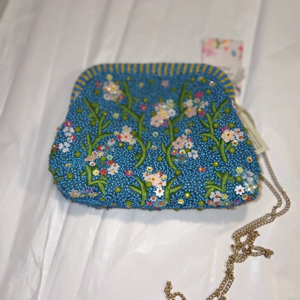 Viral Handmade Beaded Floral Blue Clutch Bag Embellished Statement Evening Purse